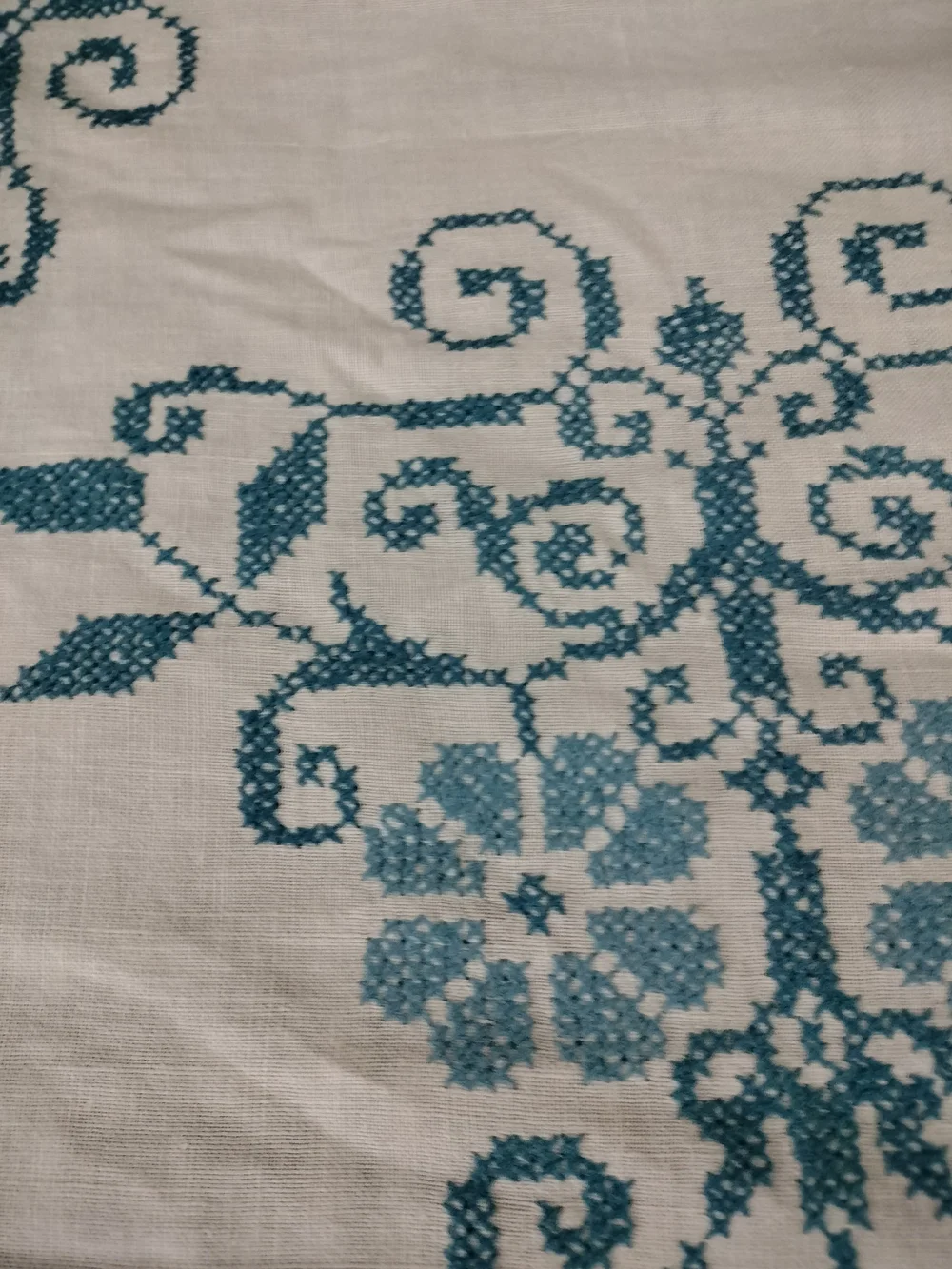 White Cotton Embroidered Tablecloth with  Blue Motif